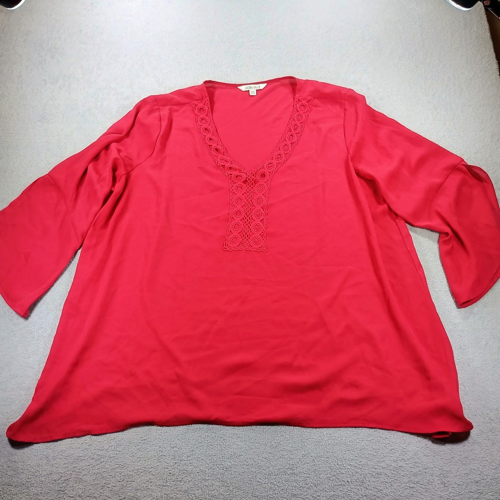 The Pioneer Woman Women Blouse Red XXXL Crochet Trim V-Neck Bell Sleeve